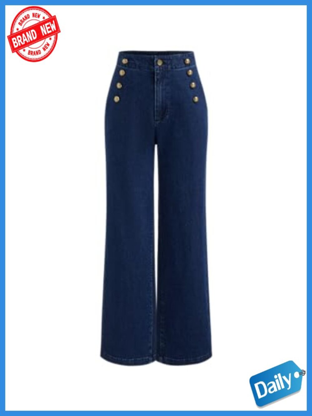 High Waisted Wide Leg Stretch Denim Jeans with Decorative Buttons